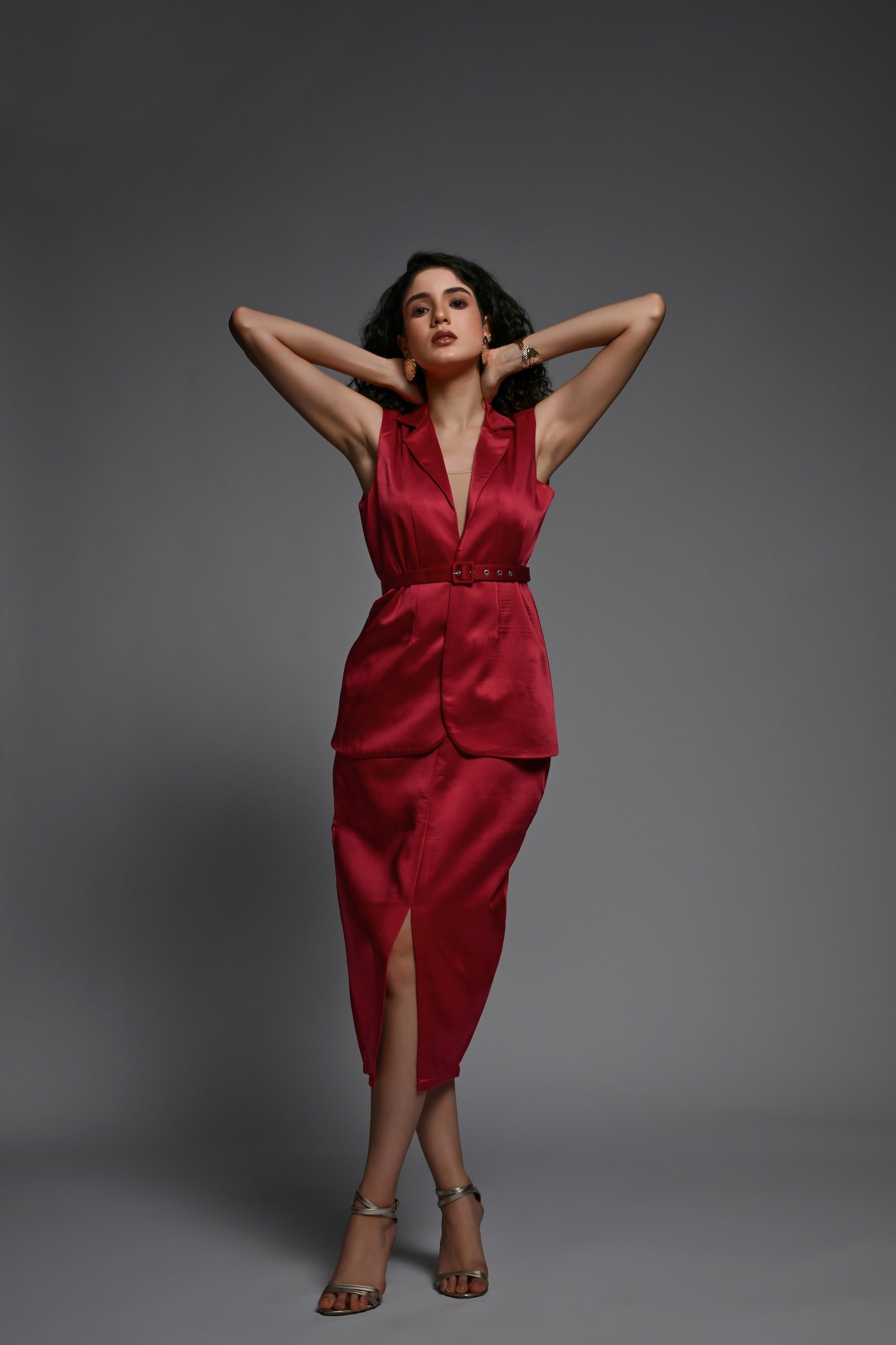 Red Sleeveless Blazer and Skirt set with belt