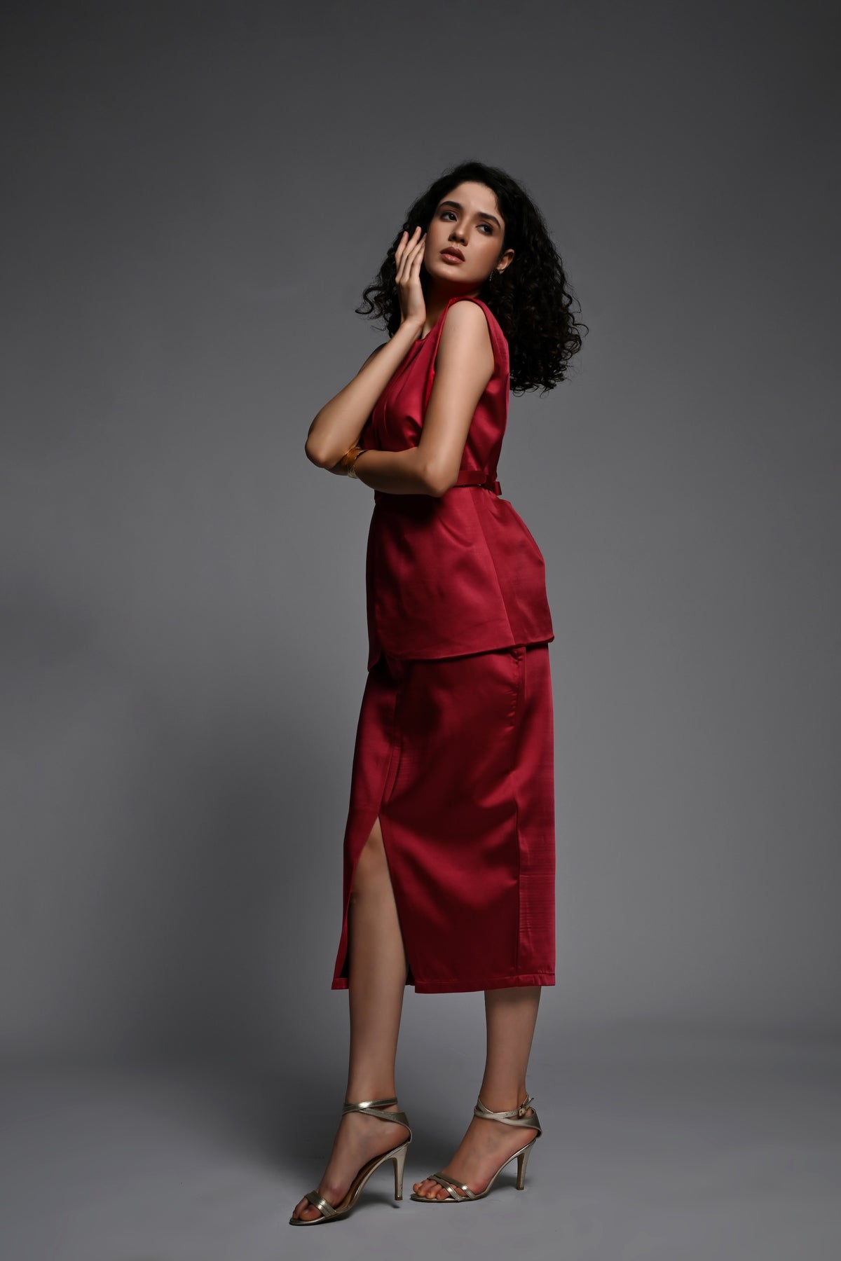 Red Sleeveless Blazer and Skirt set with belt