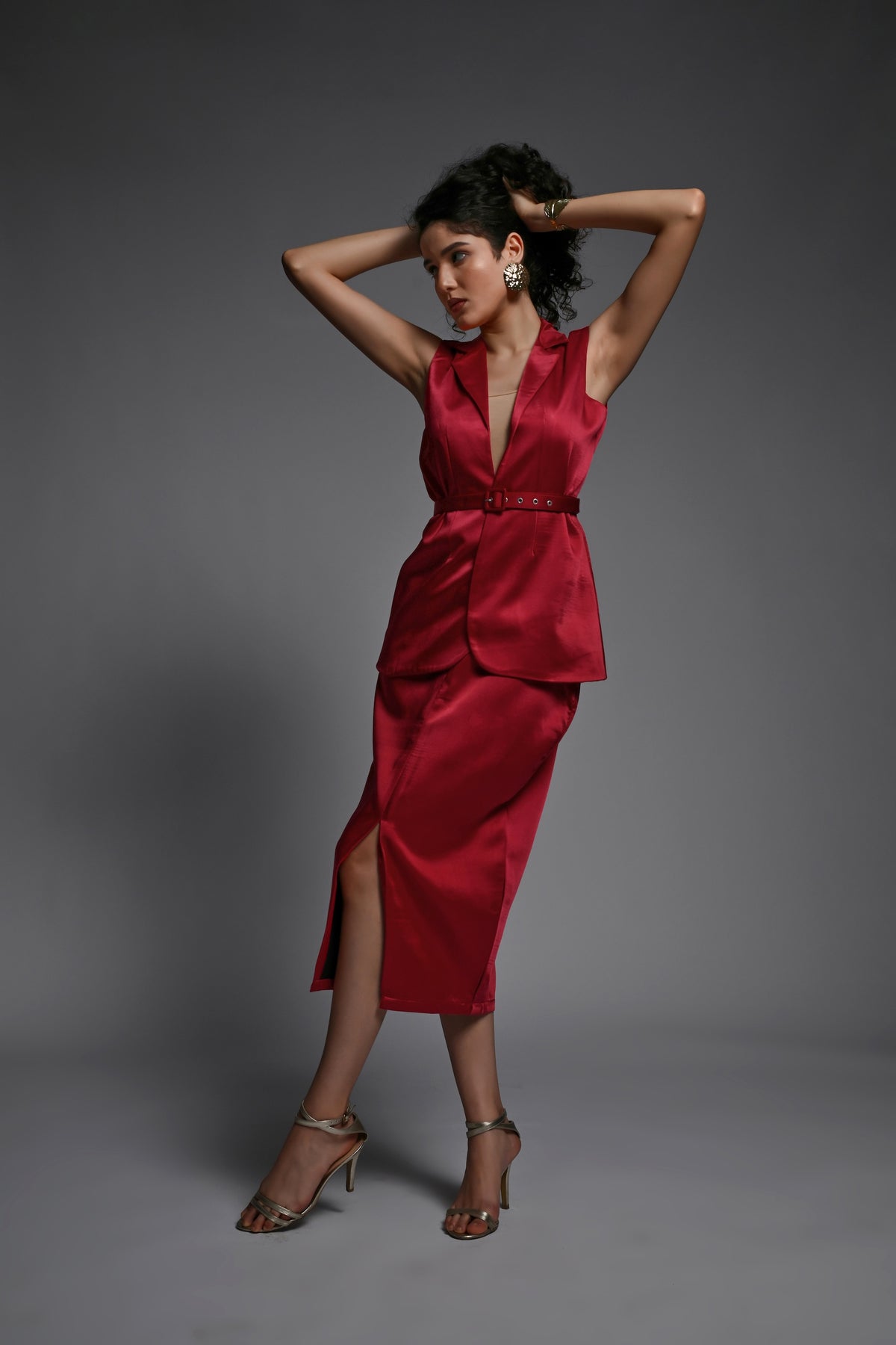 Red Sleeveless Blazer and Skirt set with belt