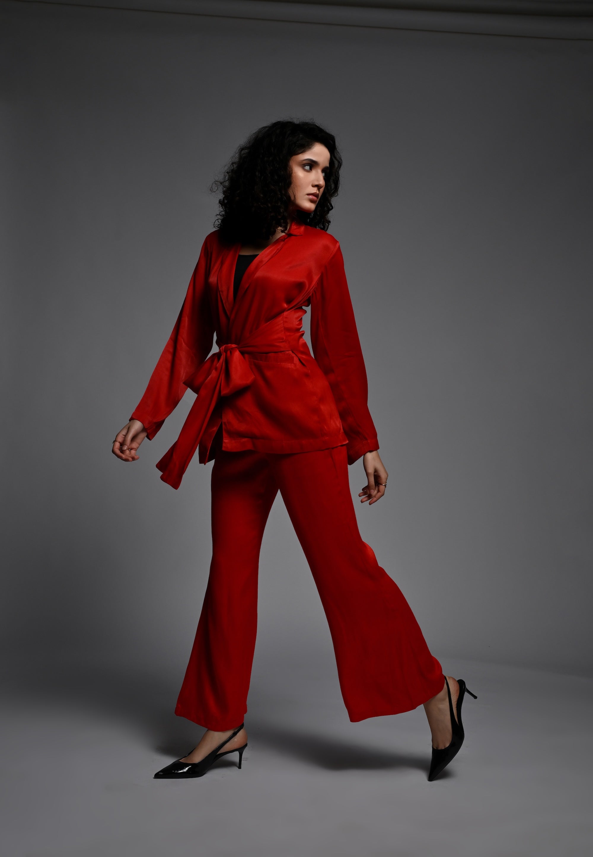 Red Co-ord set with front tie belt