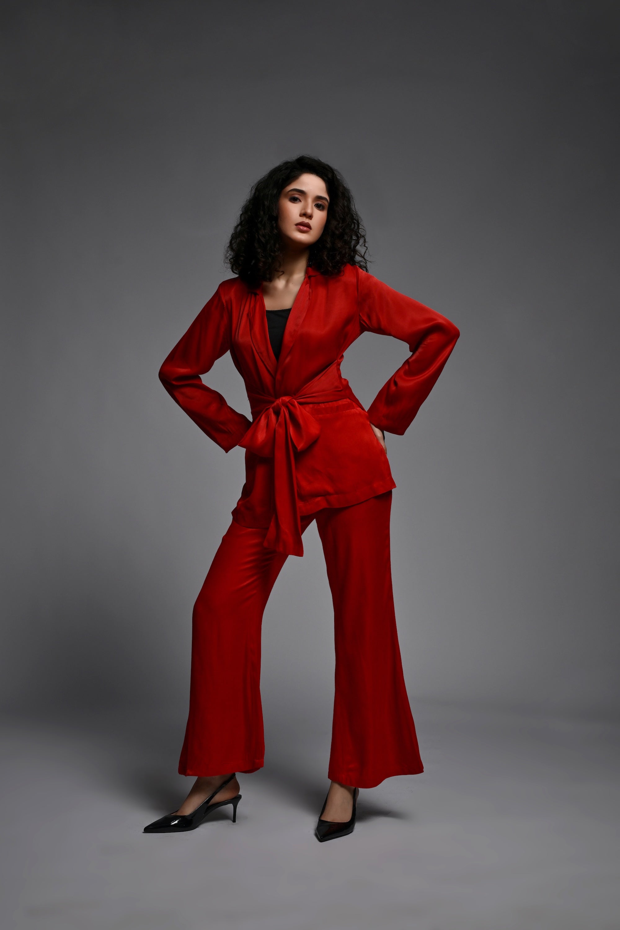 Red Co-ord set with front tie belt