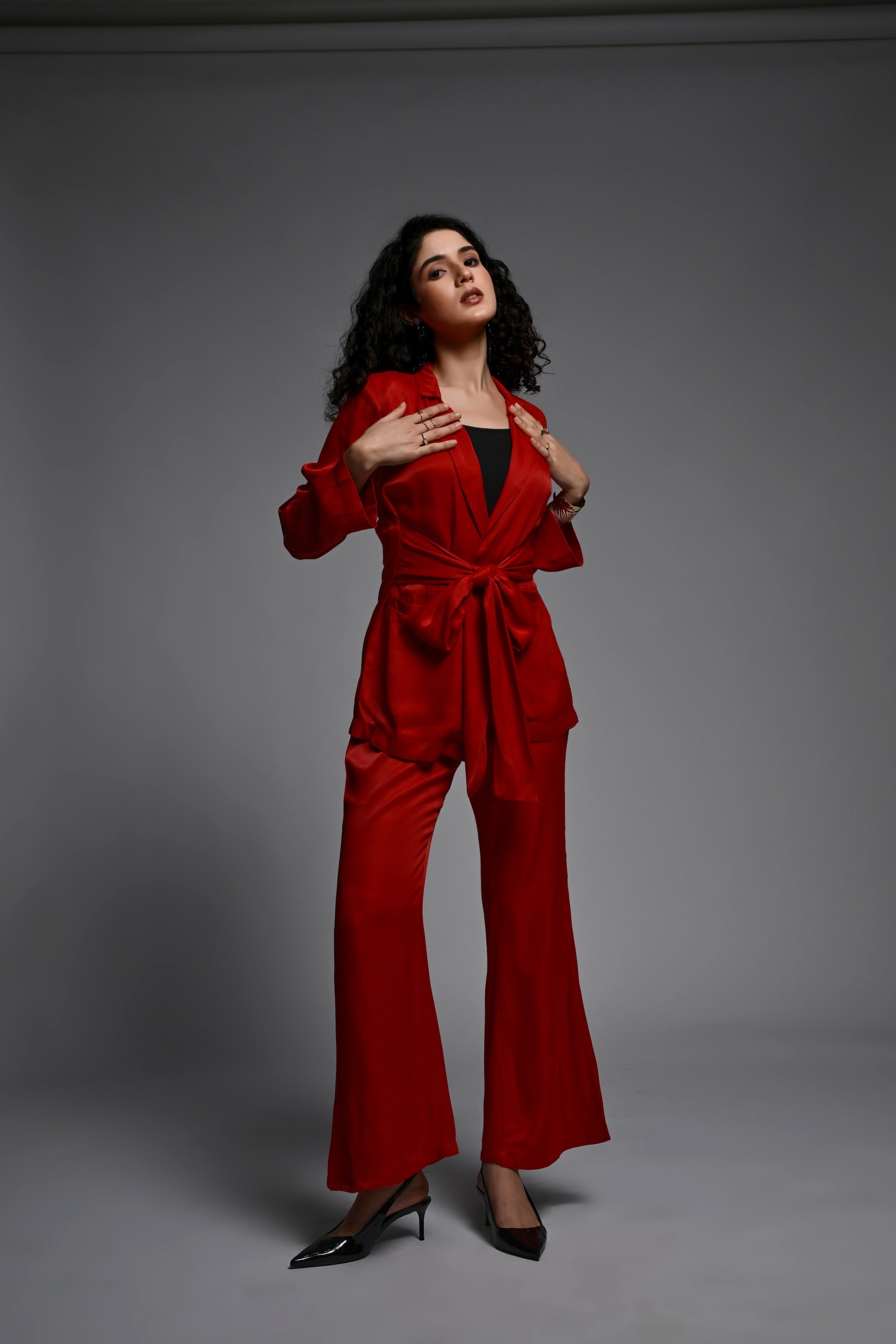 Red Co-ord set with front tie belt