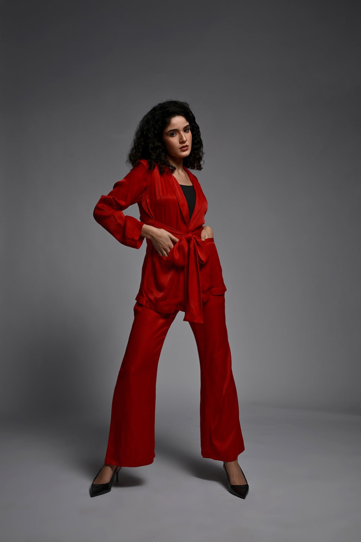 Red Co-ord set with front tie belt