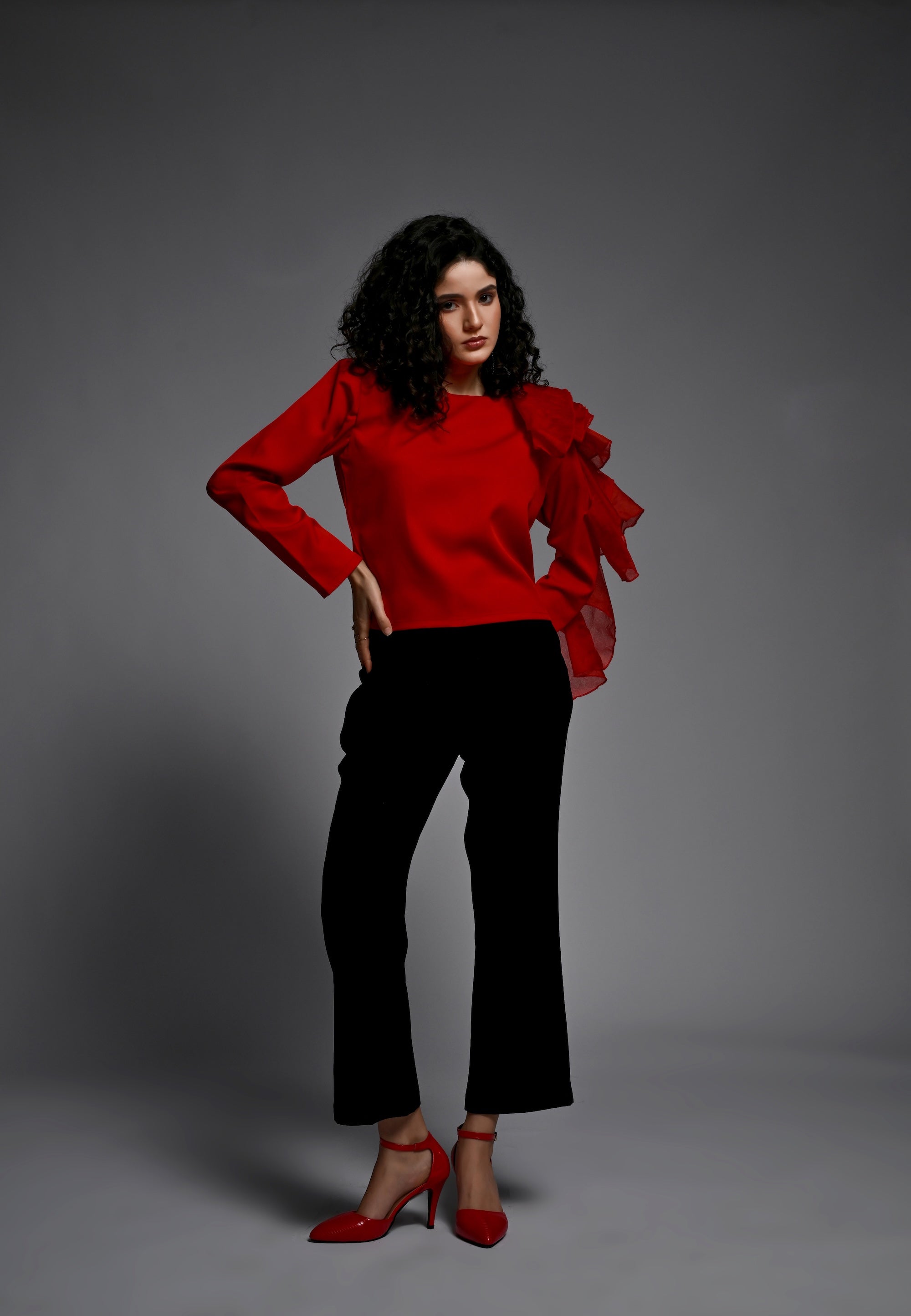Red shirt with organza frill detailing