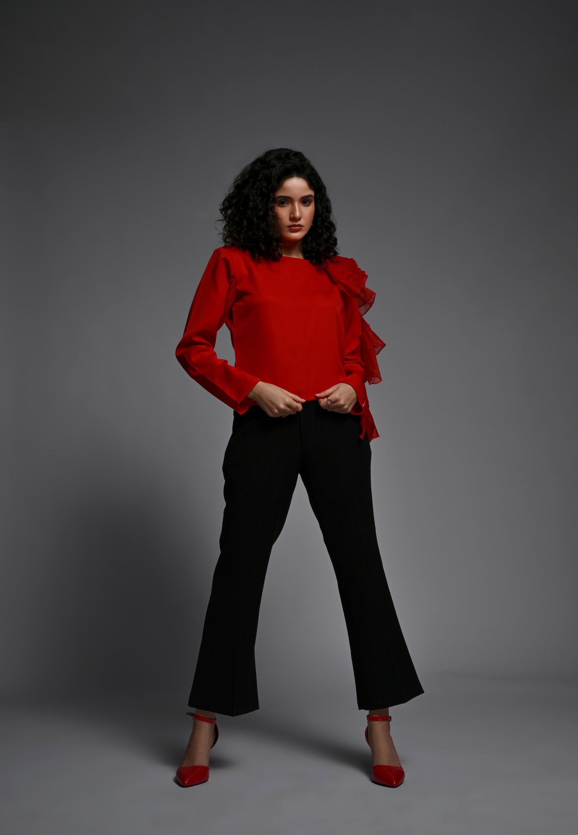 Red shirt with organza frill detailing