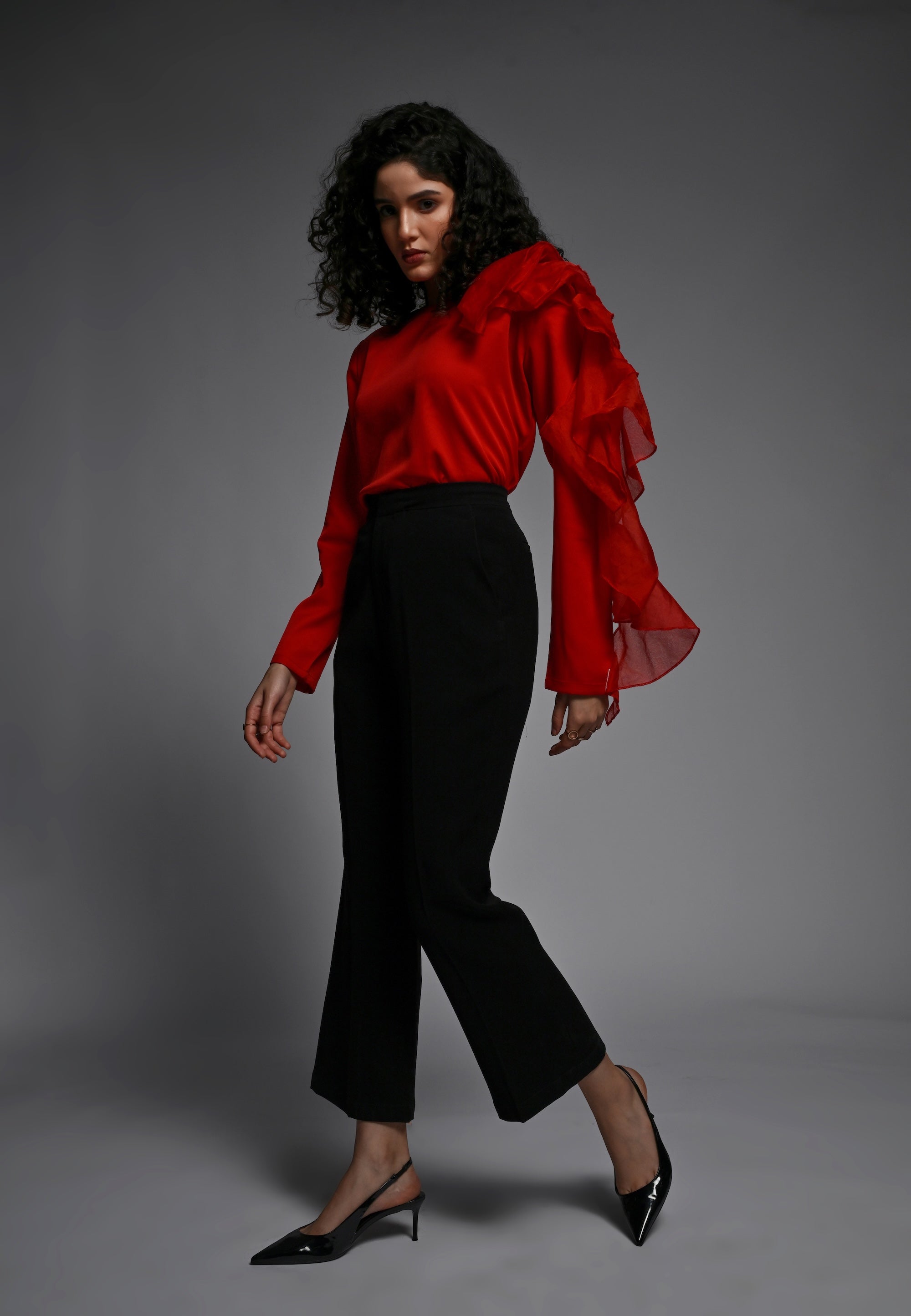 Red shirt with organza frill detailing