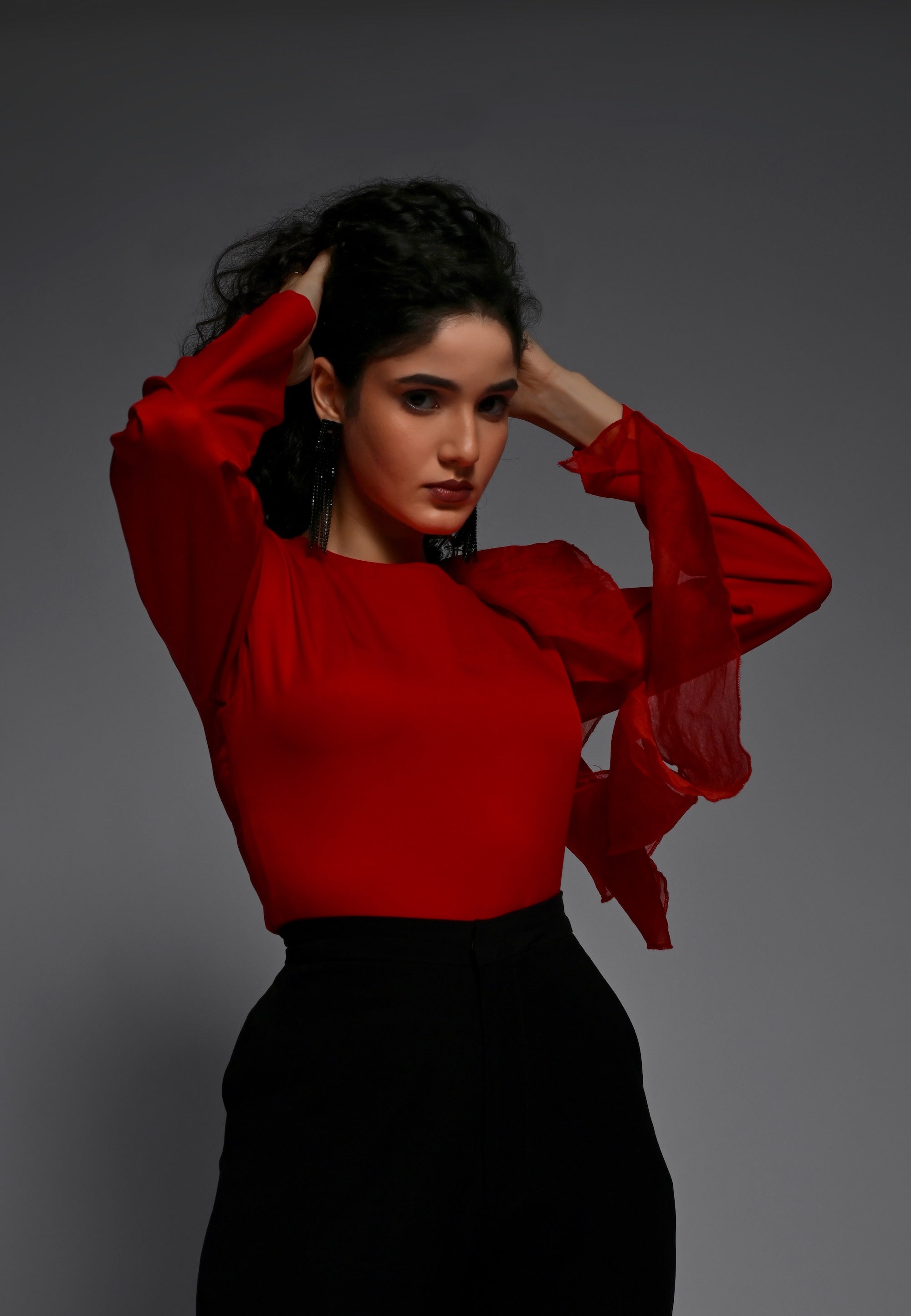 Red shirt with organza frill detailing