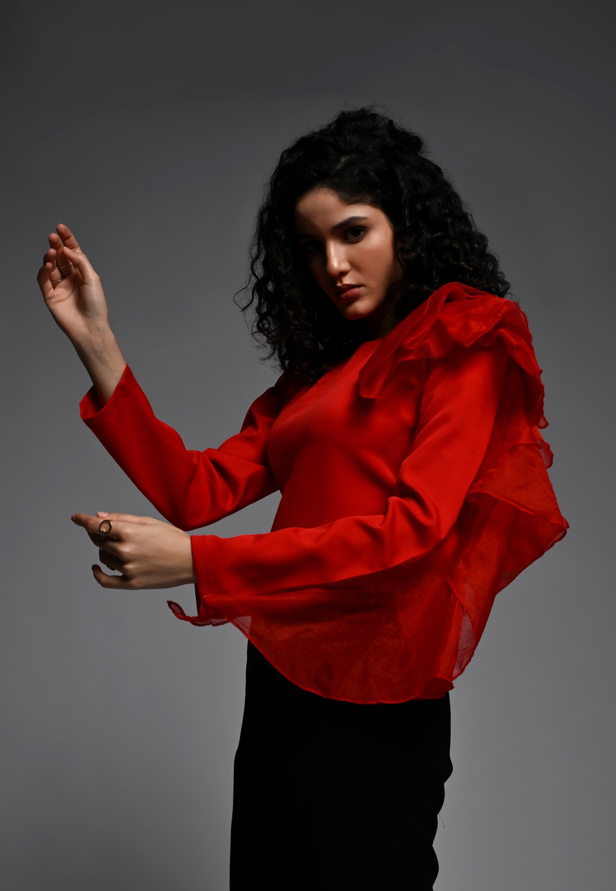 Red shirt with organza frill detailing