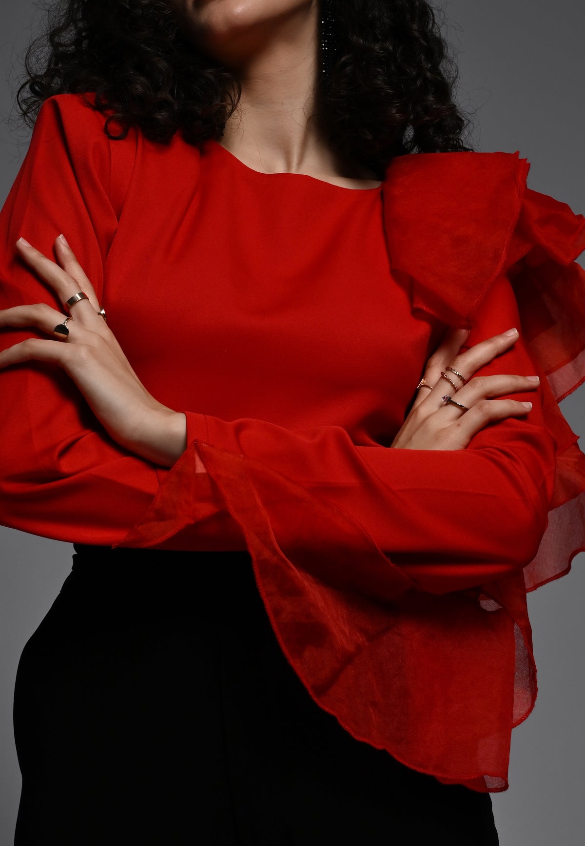 Red shirt with organza frill detailing