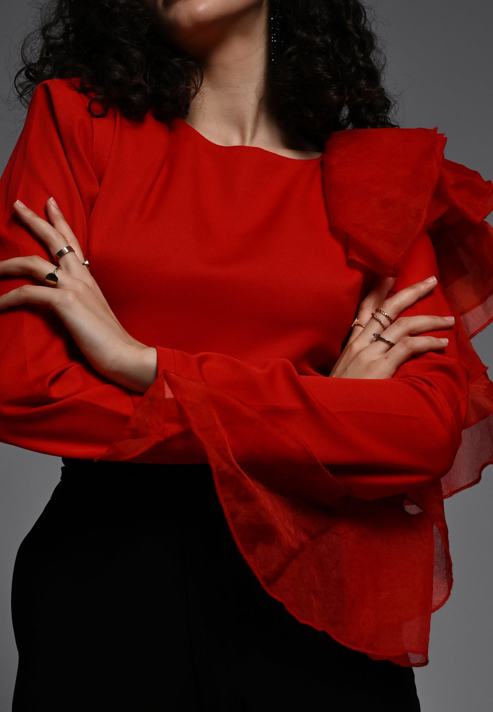 Red shirt with organza frill detailing