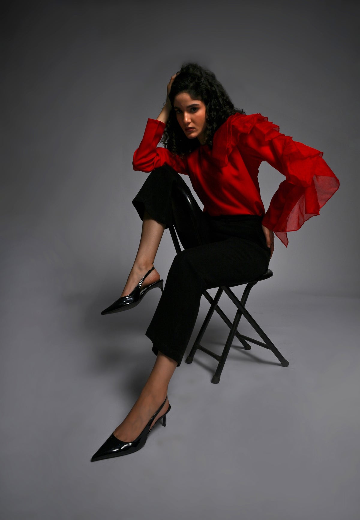 Red shirt with organza frill detailing