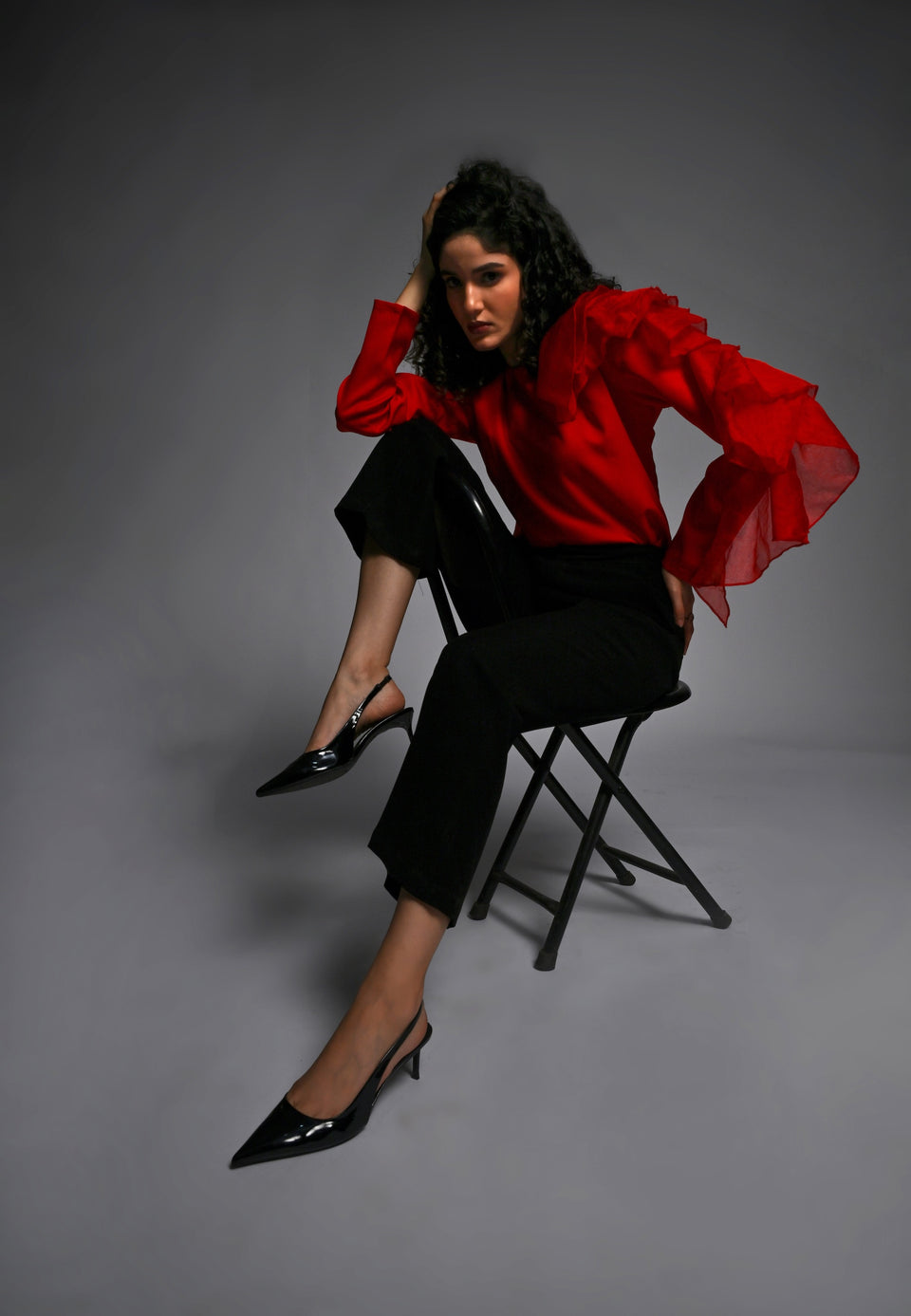 Red shirt with organza frill detailing