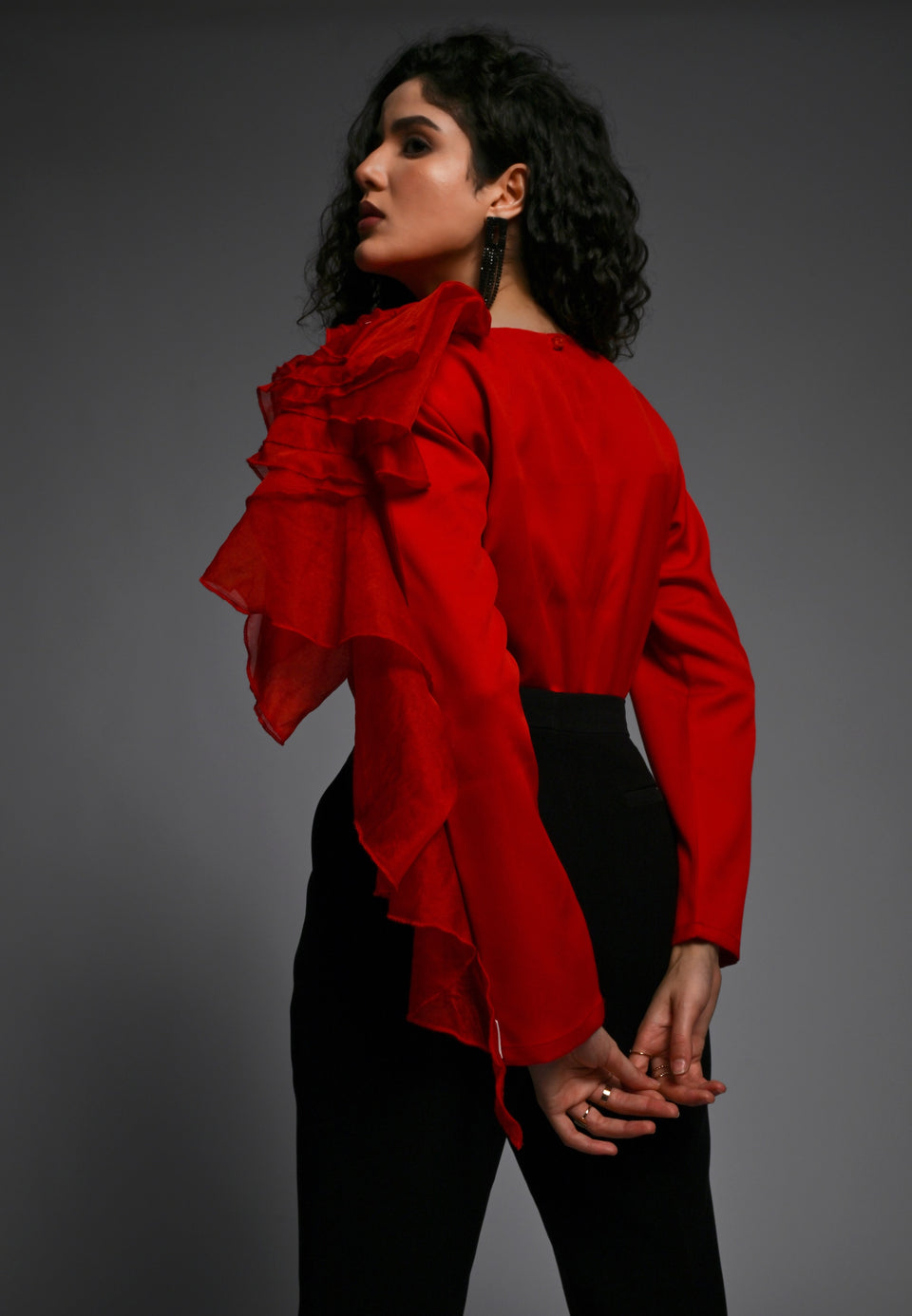 Red shirt with organza frill detailing