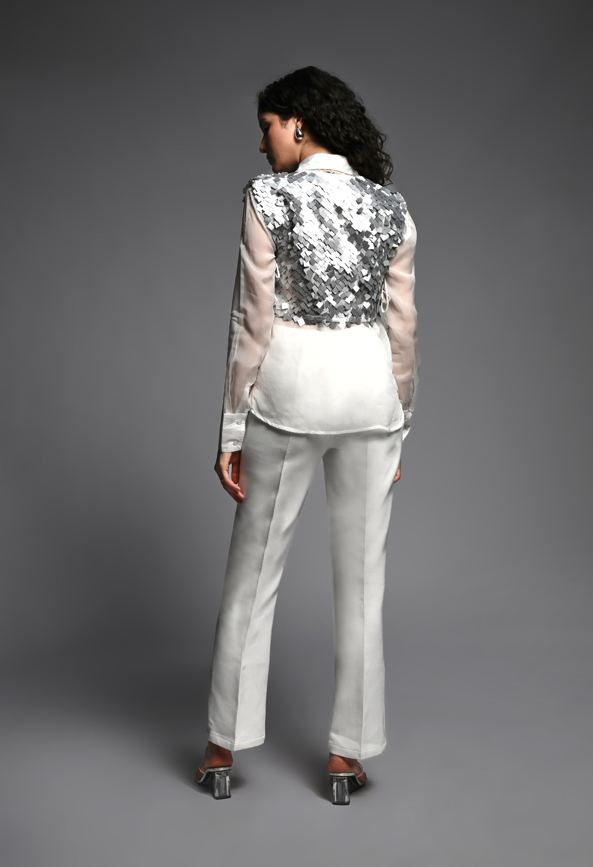 White Organza Shirt with Silver Sequence Detailing