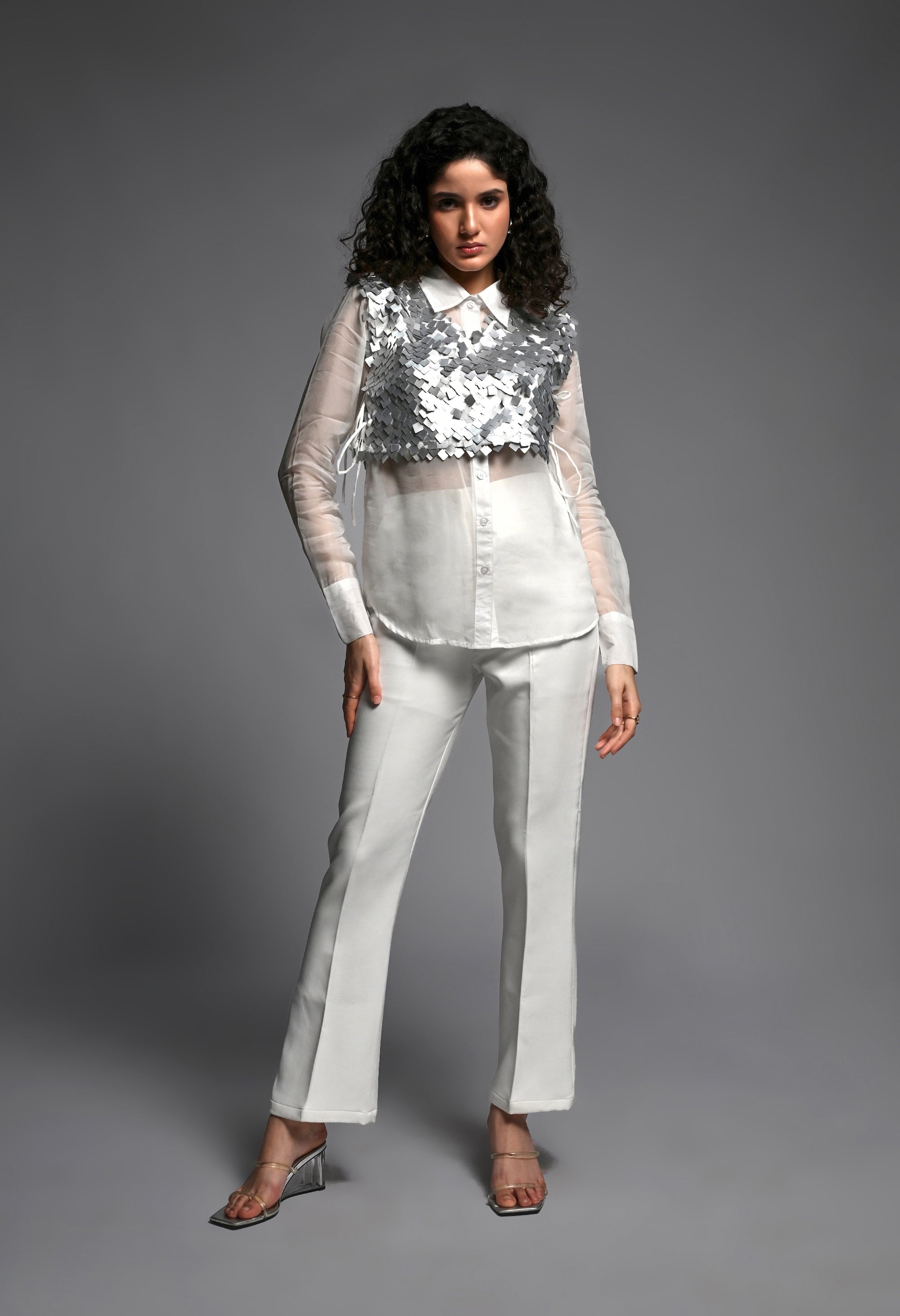 White Organza Shirt with Silver Sequence Detailing