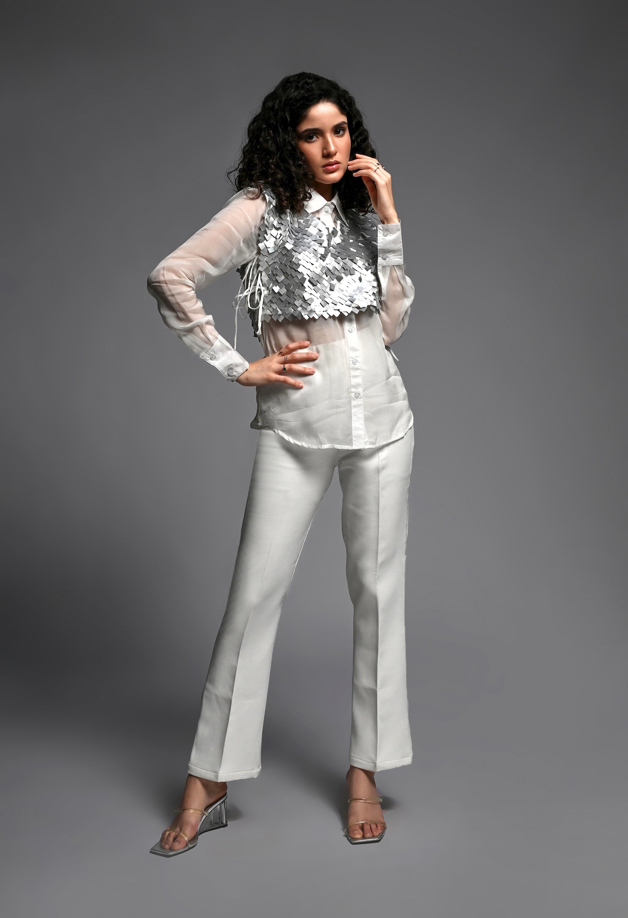 White Organza Shirt with Silver Sequence Detailing