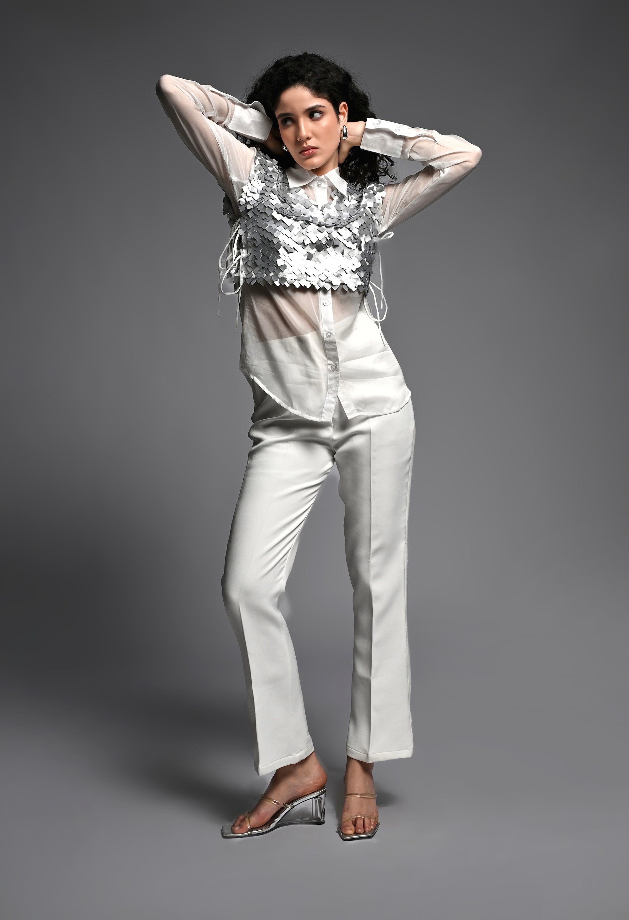 White Organza Shirt with Silver Sequence Detailing