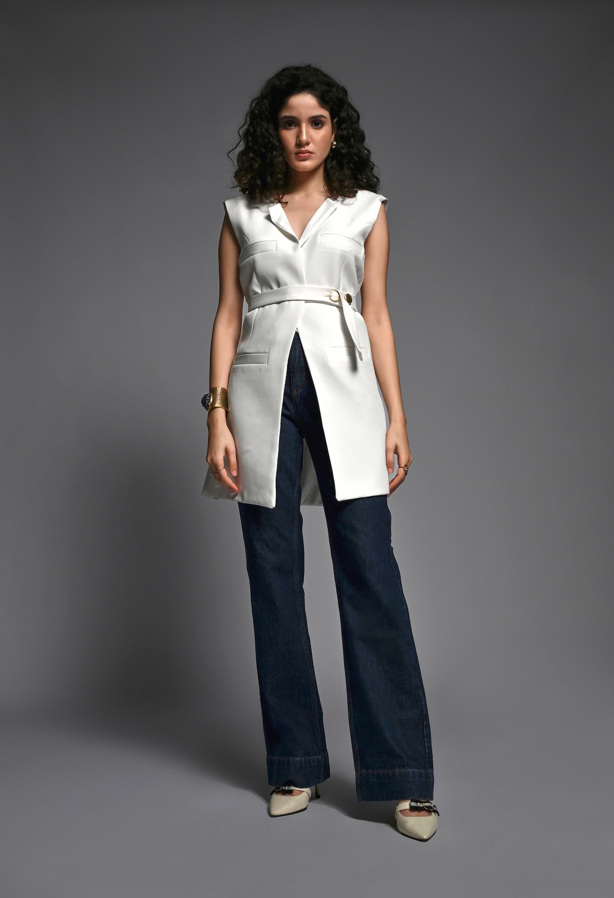 White tailored coat with belt