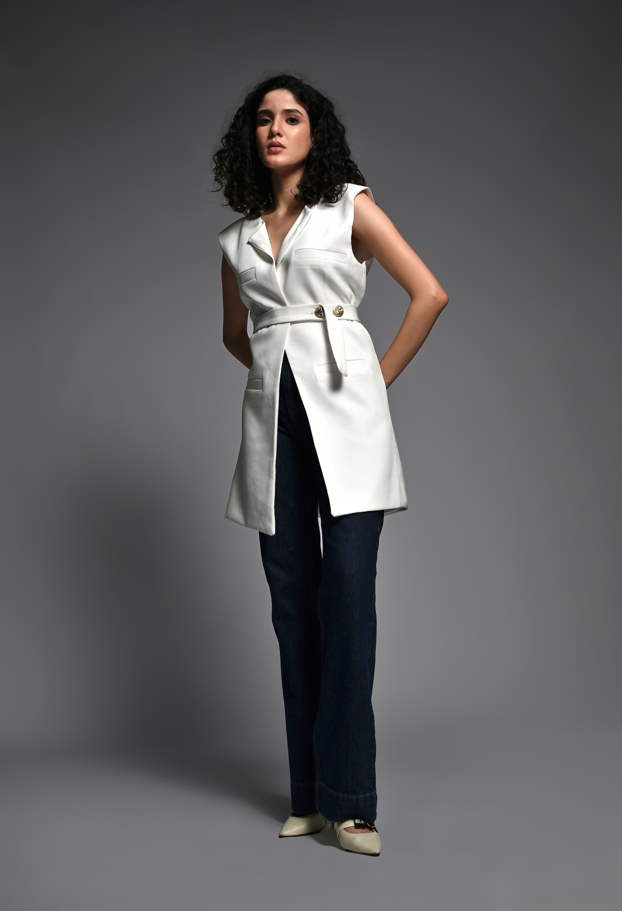 White tailored coat with belt