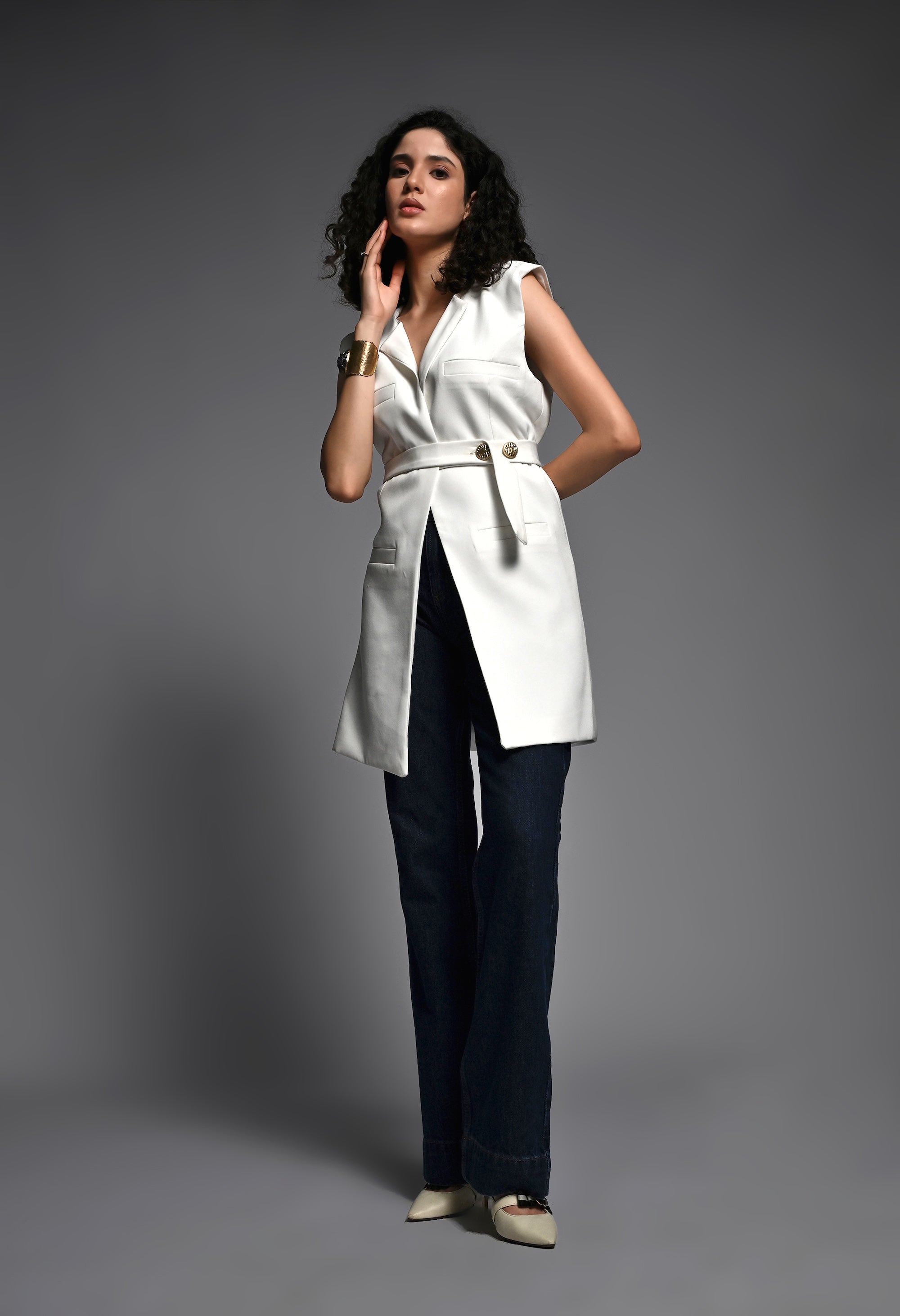 White tailored coat with belt