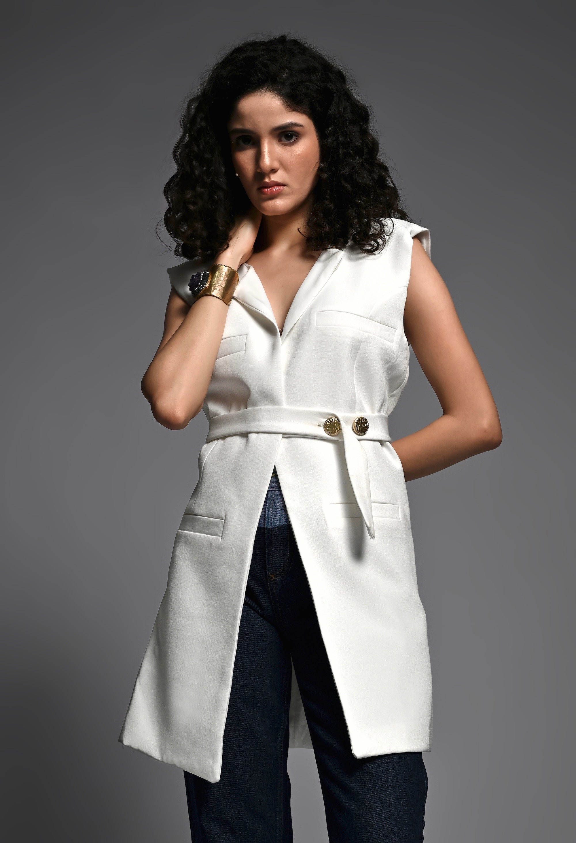 White tailored coat with belt