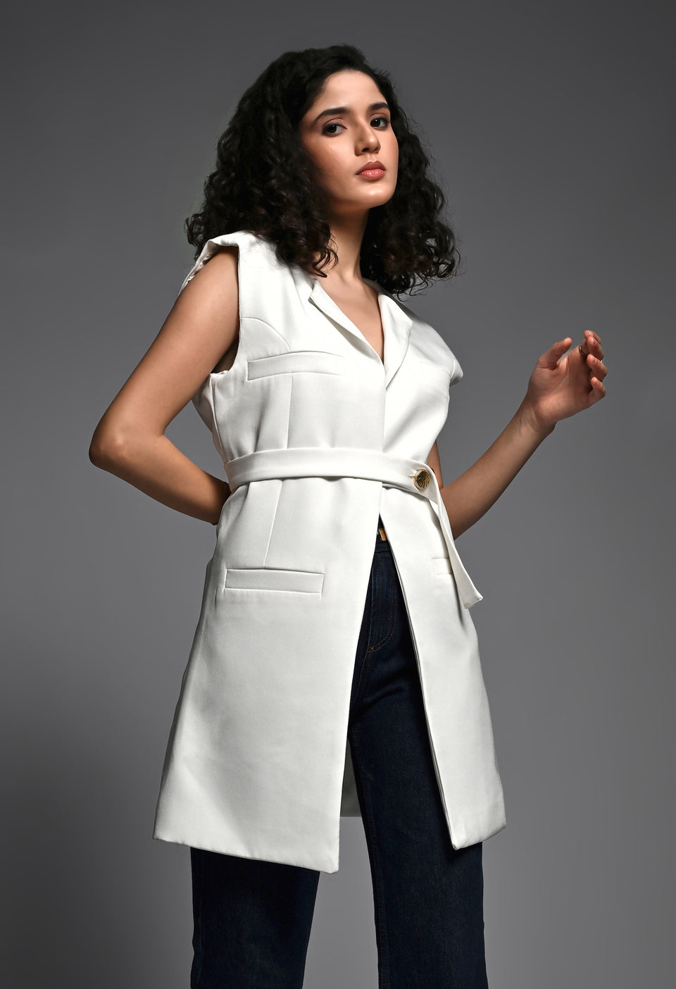 White tailored coat with belt