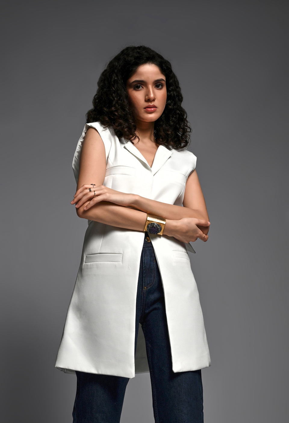 White tailored coat with belt