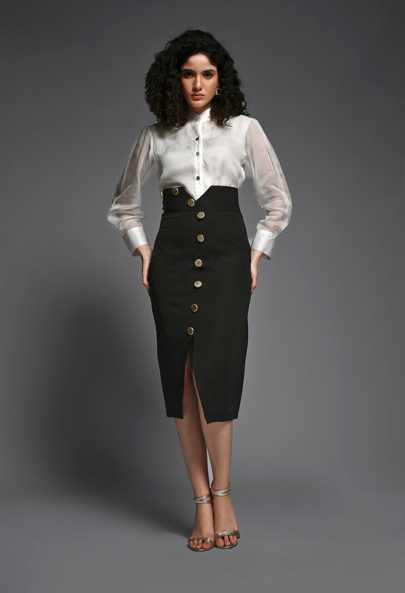 Black pencil skirt with golden buttons