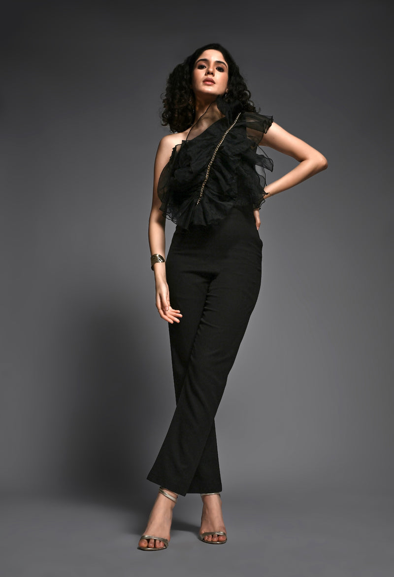 Black jumpsuit with organza frill detailing