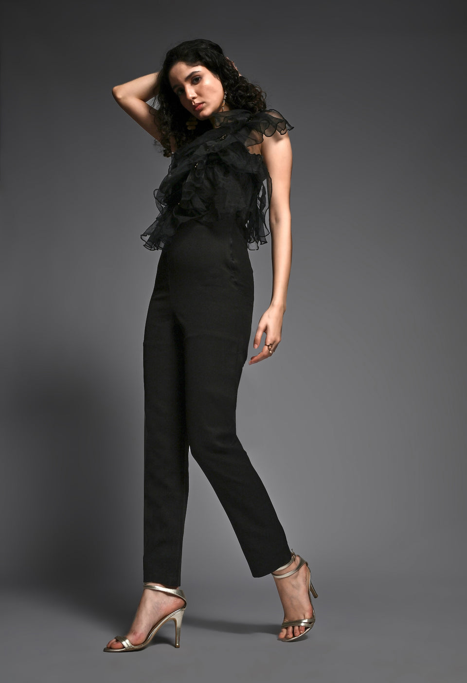 Black jumpsuit with organza frill detailing