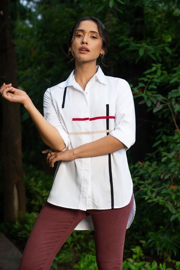 Horizontal and vertical striped detail shirt