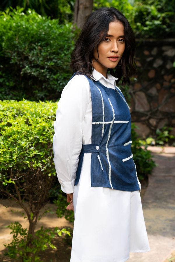 Blue denim and white colorblocked , double layered shirt dress