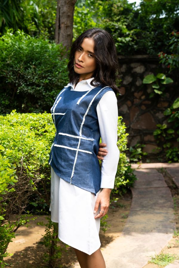 Blue denim and white colorblocked , double layered shirt dress