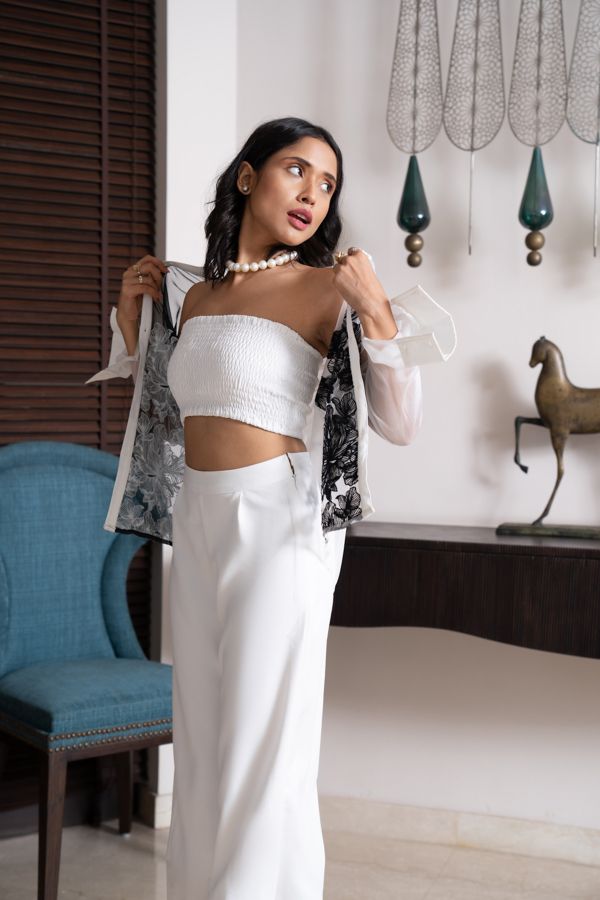 Black and white floral embroidered co-ord set