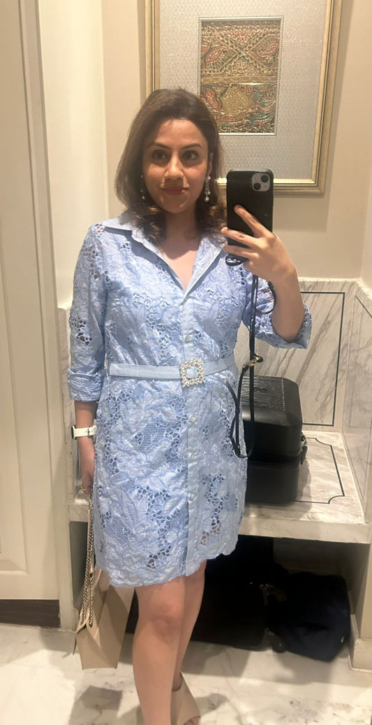 Blue lace dress with Swarovski belt with lining