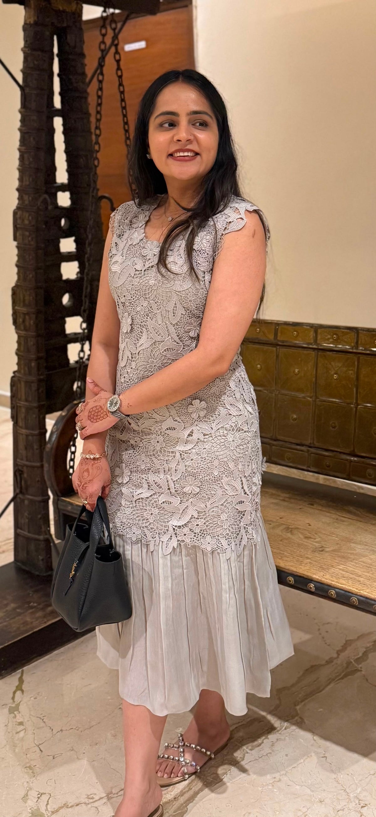 GREY FLORAL LACE MIDI DRESS