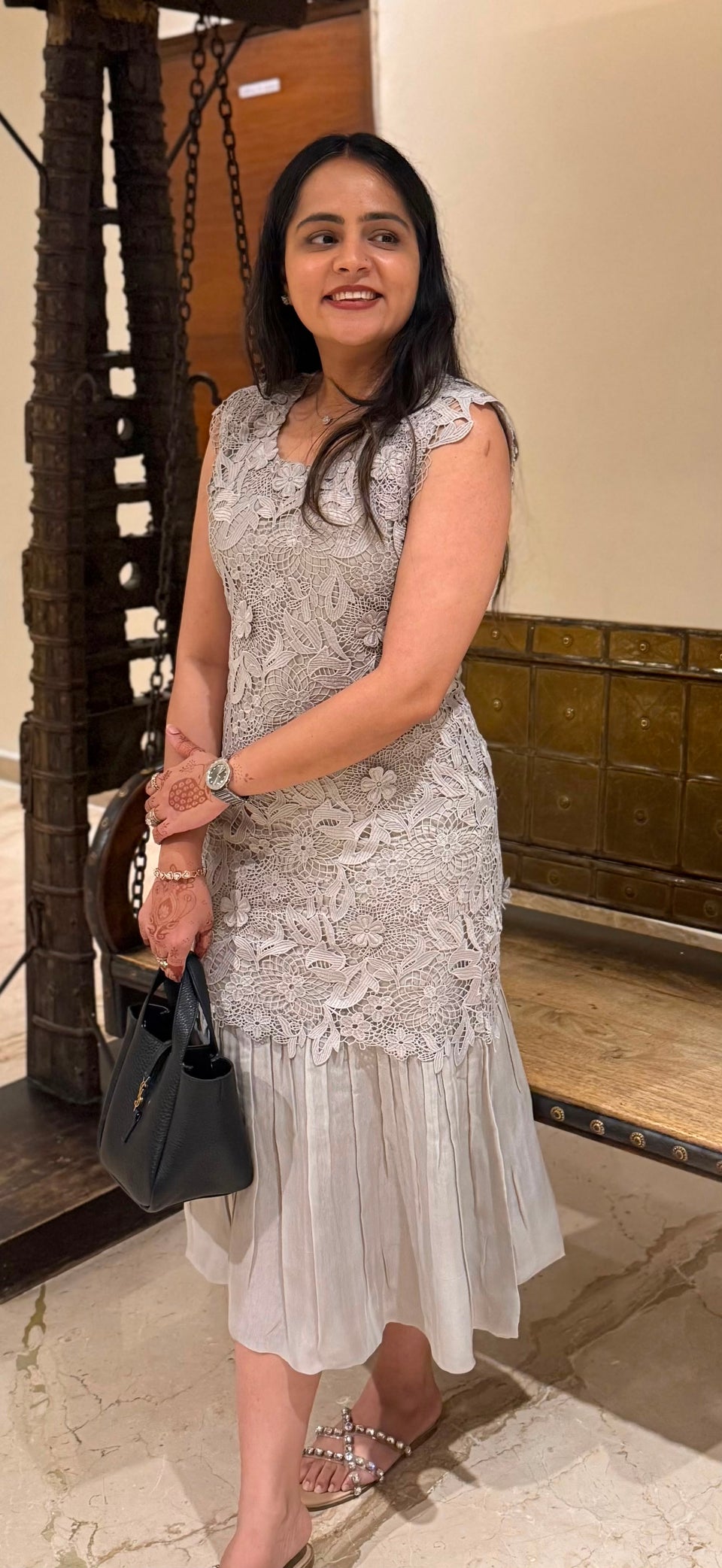 GREY FLORAL LACE MIDI DRESS