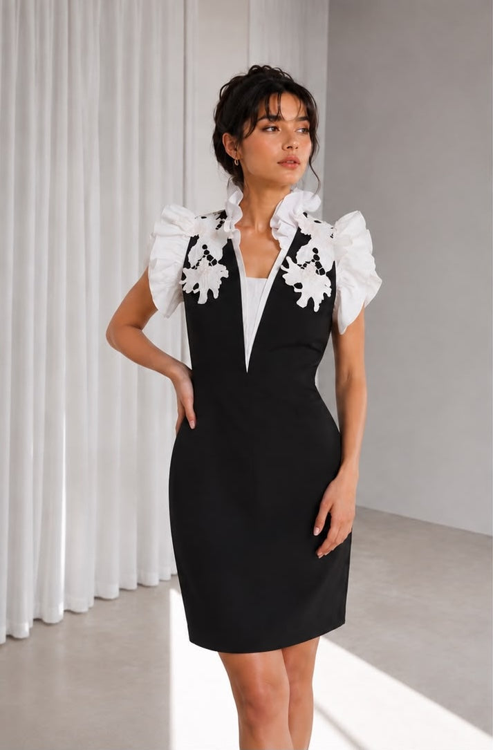 Black & White Floral Appliqué Bodycon Mini Dress