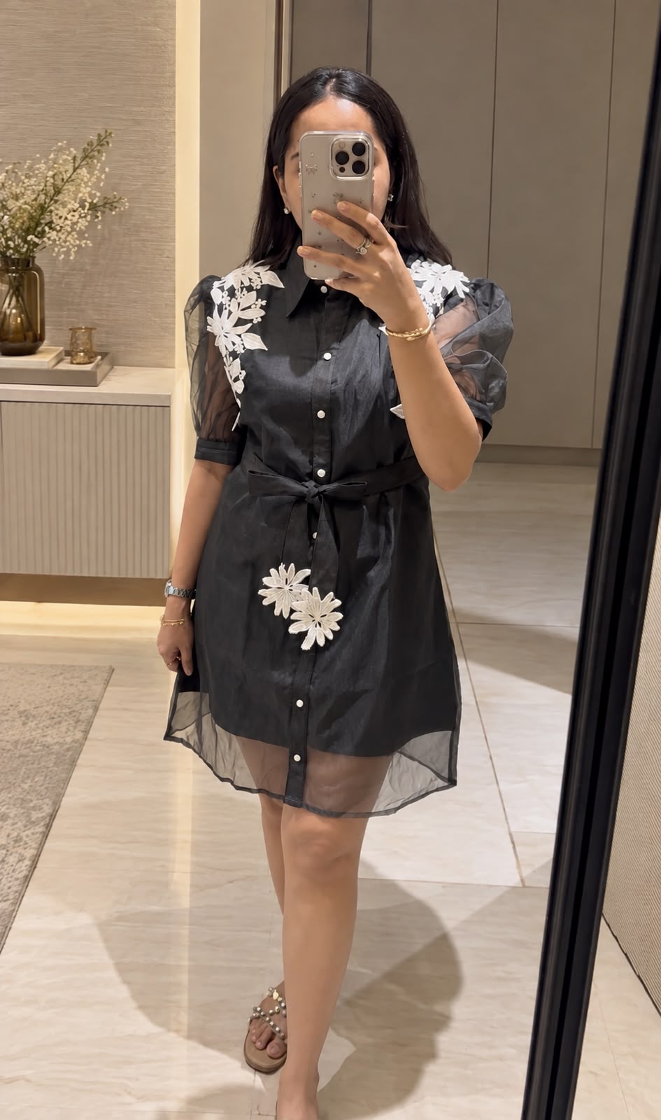 Floral appliqué organza shirt dress