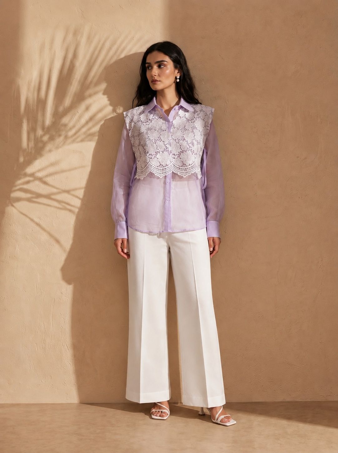 Lavender Lace Overlay Organza Shirt for Women