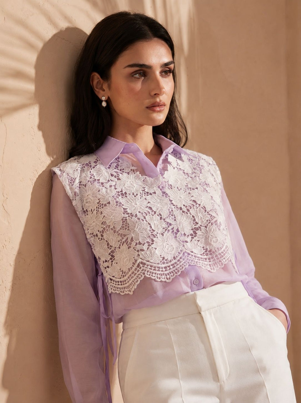 Lavender Lace Overlay Organza Shirt for Women