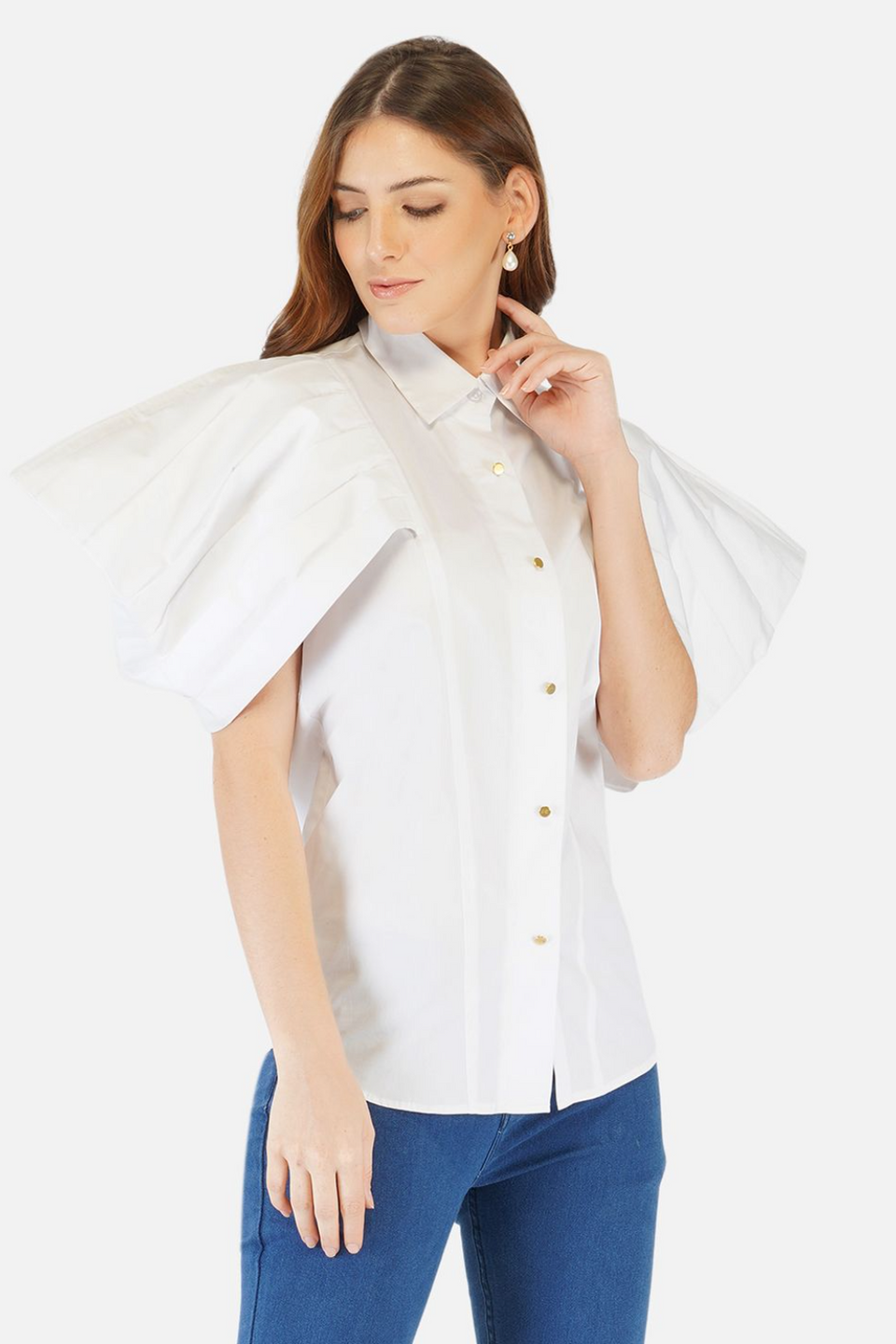 White shirt with pleated cape sleeves