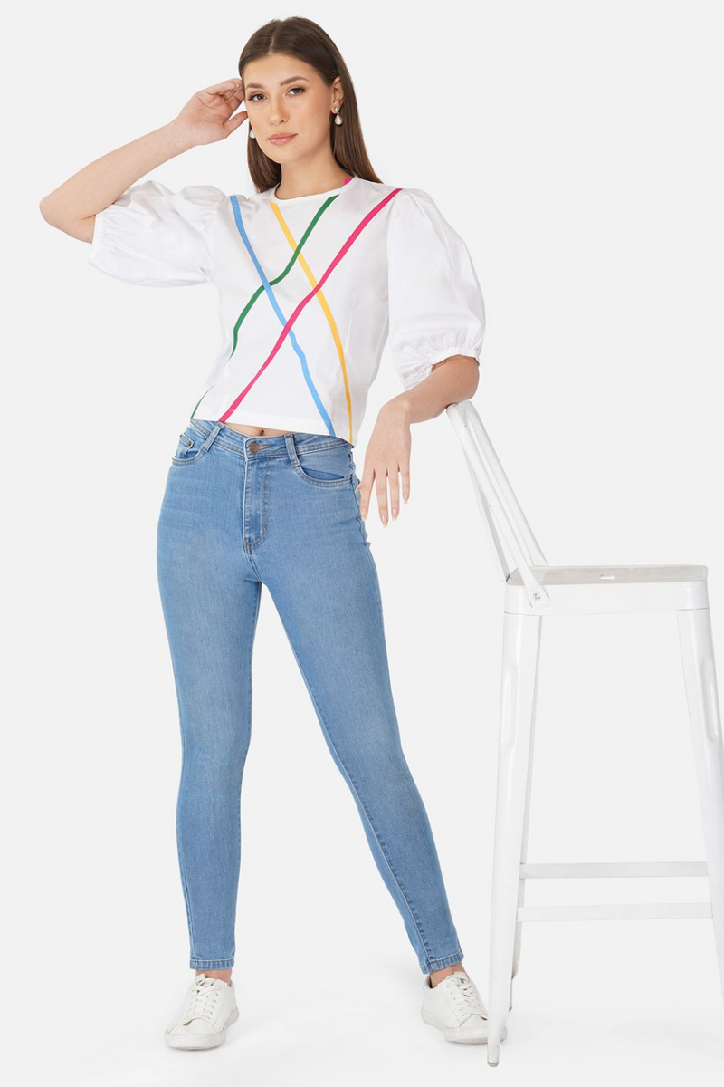 White puffed sleeves top with multicolour stripes