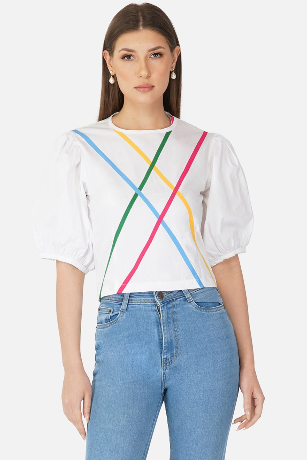 White puffed sleeves top with multicolour stripes