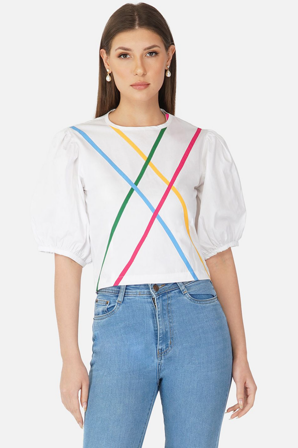 White puffed sleeves top with multicolour stripes