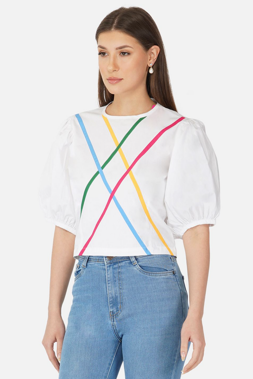 White puffed sleeves top with multicolour stripes