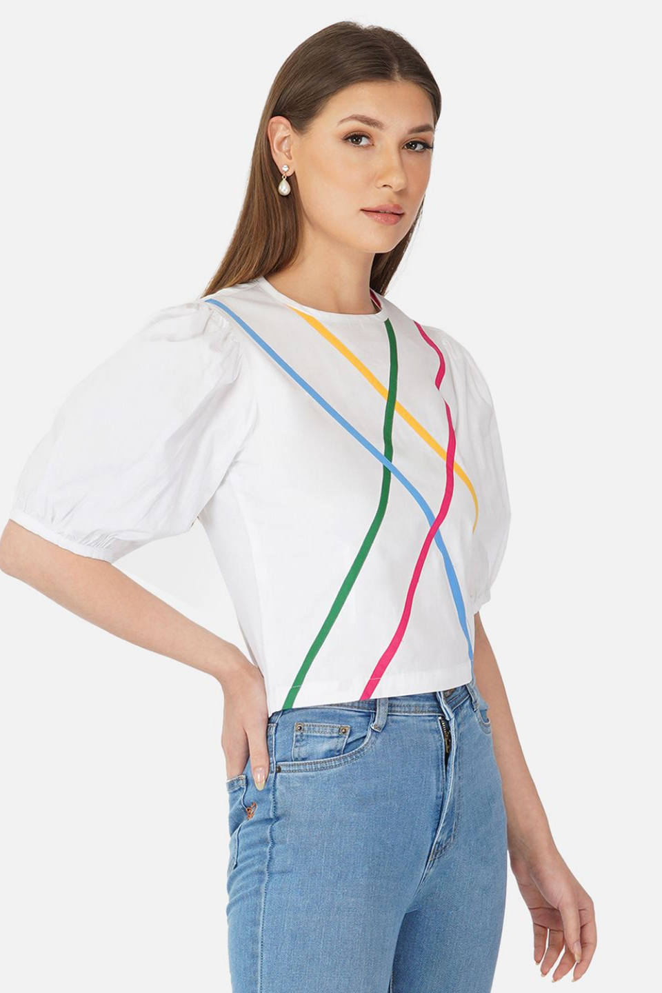White puffed sleeves top with multicolour stripes