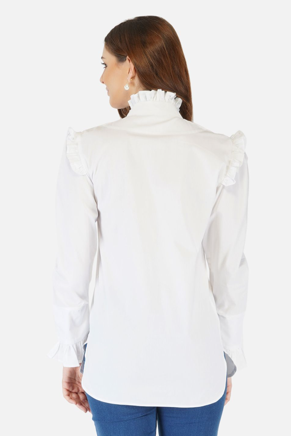 White frill neck top with frills on sleeves