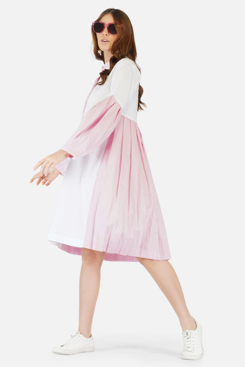 White and pink pleated shirt dress