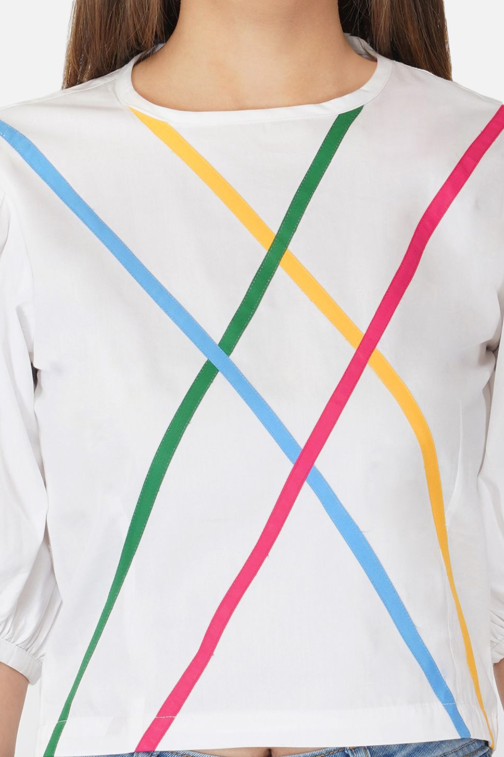 White puffed sleeves top with multicolour stripes